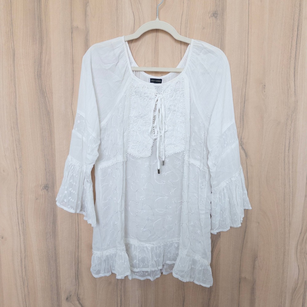 Womens Lace Embroidered Blouse S/M White Bell Sleeve Boho Peasant Cottage